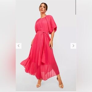 PLEATED PUFF SLEEVE MIDI DRESS, Hot pink, 12